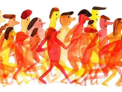 Watercolor image of people walking