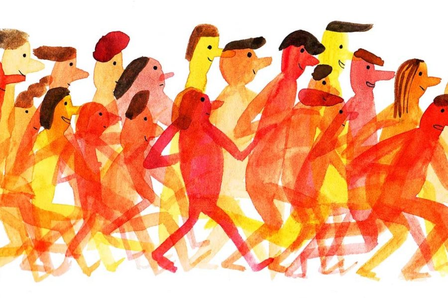 Watercolor image of people walking