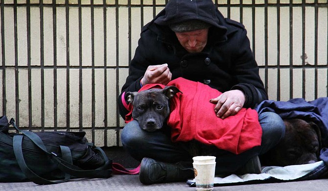 Homeless man sitting outside with dog