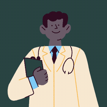 A doctor with a stethoscope and a clipboard against a dark green background.