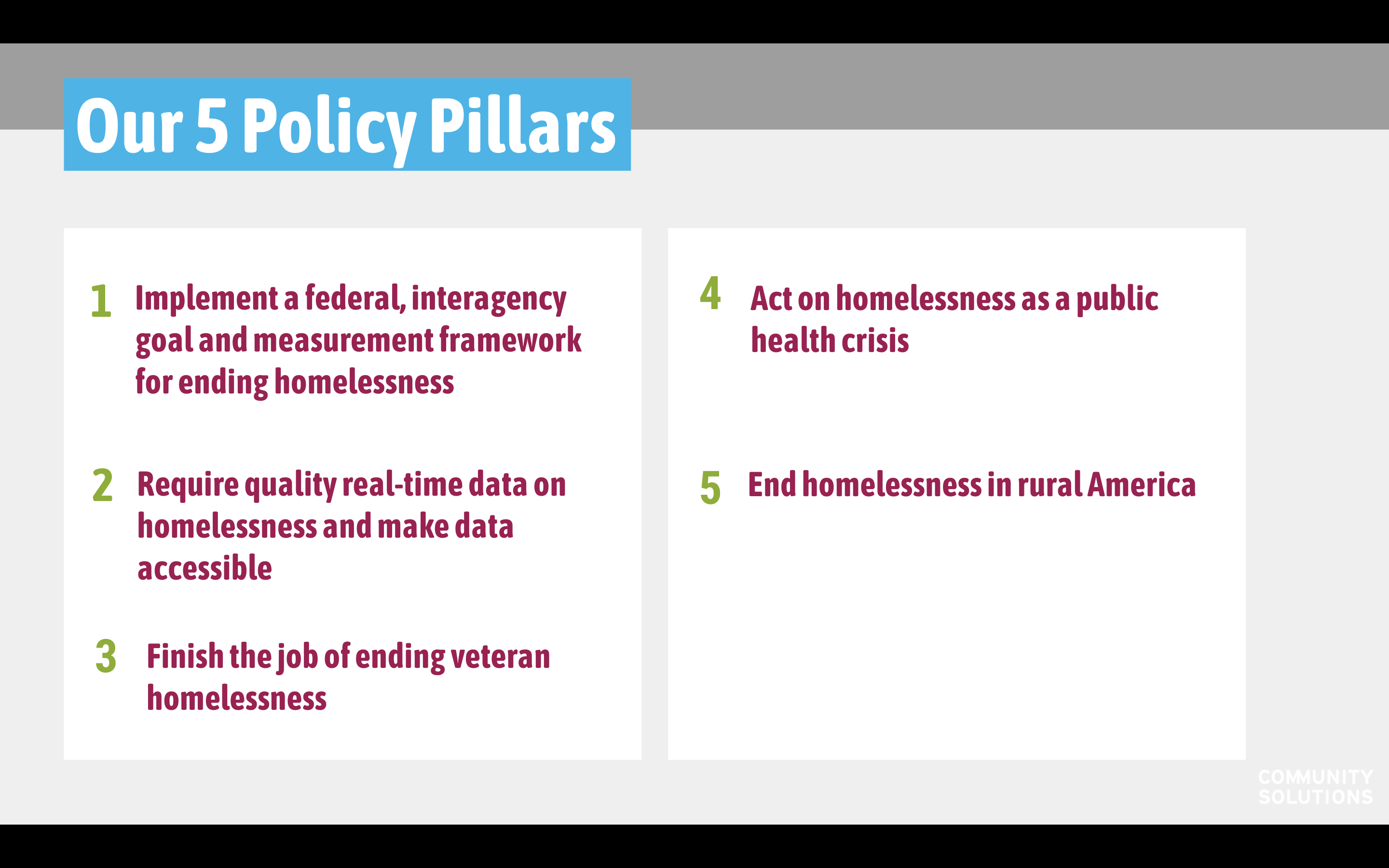 Implement a federal, interagency goal and measurement framework for ending homelessness Require quality real-time data on homelessness and make data accessible Finish the job of ending veteran homelessness Act on homelessness as a public health crisis End homelessness in rural America