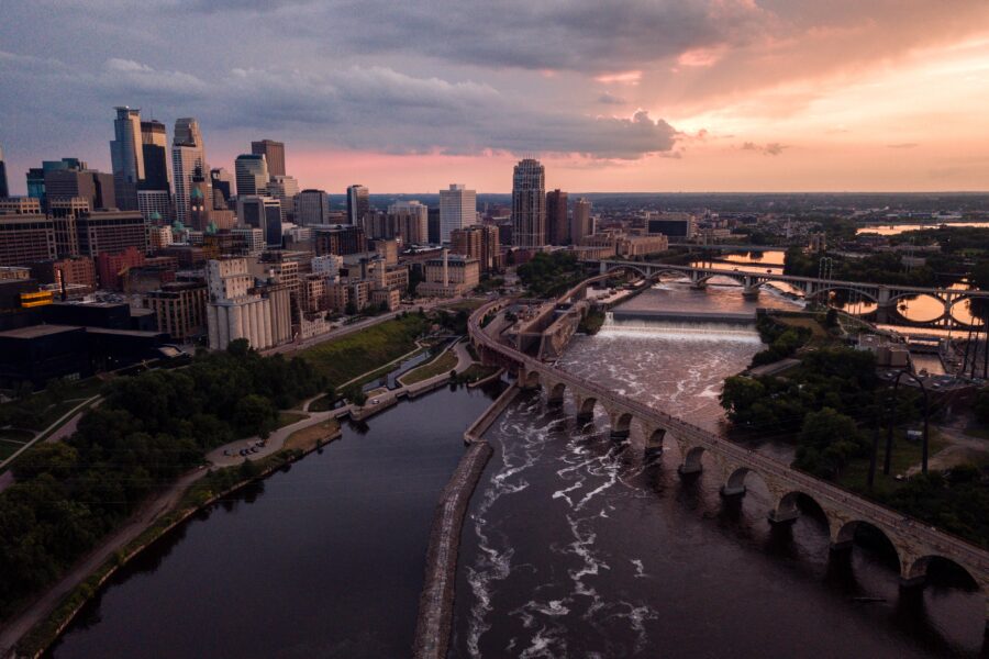 Shot of Minneapolis skyline at dusk