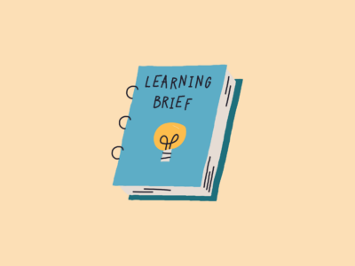 Illustration of blue notebook in front of tan background with the words "Learning Brief" on the front of the book and a light bulb image below the words