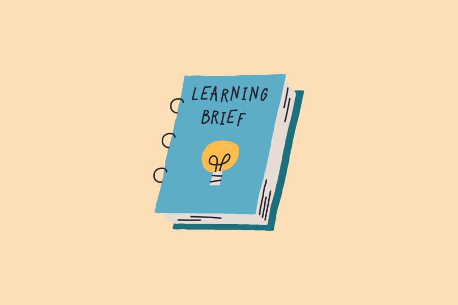 Illustration of blue notebook in front of tan background with the words "Learning Brief" on the front of the book and a light bulb image below the words