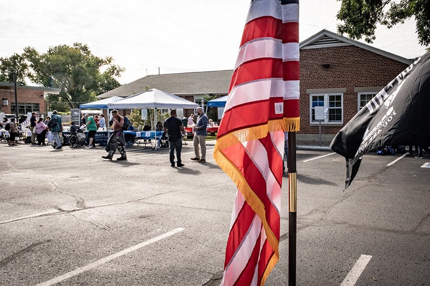 Flags at the opening of the 2023 Annual Homelss Veterans Stand
Down event at the VA Community Resource and Referral Center in Denver, Colorado.