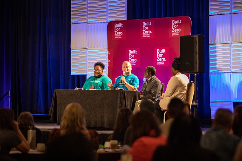 Three Lived Expertise Advisors of Built for Zero contribute their voices on how to solve the dynamic issue of homelessness. From left to right — Tyra Thomas from Minneapolis, MN, John Brady from San Diego, CA, and James Lee from Charlotte, NC. (Photo credit: Isavel Gonzalez)
